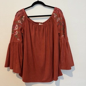 Umgee braune Wildlederimitat Glockenärmel schulterfrei Blumen Boho Bluse Gr. M - Bild 1 von 6