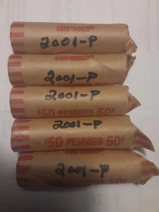 Five UN-circulated roll lot of 2001-P Lincoln Memorial Cents. - Picture 1 of 1