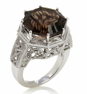 Meher's Jewelry 925 Smokey Quartz Octagon Gemstone White Rhodium Filigree Ring - Picture 1 of 3