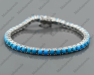 925 Sterling Silver Natural Turquoise Bracelet 4 MM Round Cabochon Women Jewelry - Image 1 of 4