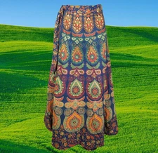Women's Cotton Indi Boho Wrap Skirt, Blue Orange Floral Paisley Maxi SkirtS/M/L