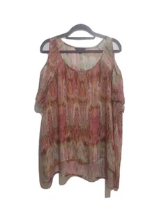 Women's size L Rock & Republic Pink/Multicolor cold shoulder short sleeved tunic - Picture 1 of 5