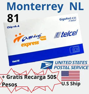 Carte SIM Telcel Área Code Monterrey NL. MEXIQUE,RECARGA GRATUIT DE 50$MXP - Photo 1 sur 7