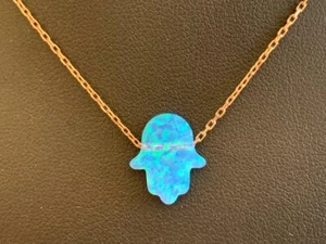 18K Rose Gold 925 Sterling Silver Opal Hamsa Hand Fatima Pendant Necklace Blue - Bild 1 von 3