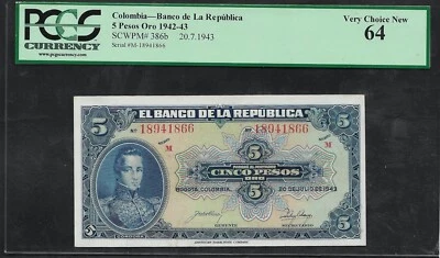 COLOMBIA - PICK 386b - 5 PESOS 1943 - CORDOBA - PCGS UNC CH NEW 64 - Image 1 of 2