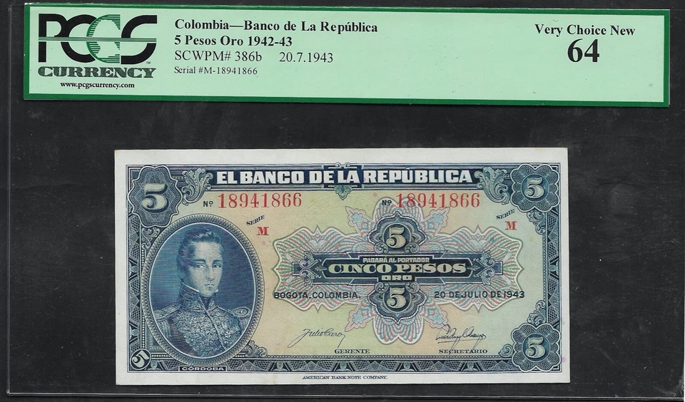 COLOMBIA - PICK 386b - 5 PESOS 1943 - CORDOBA - PCGS UNC CH NEW 64 - Image 1 of 2