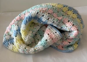 Handmade Pastel Crochet Baby Afghan Blanket Striped Pattern Blue Edge 37” x 35” - Picture 1 of 10