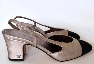New Chanel Laminated Lambskin Grosgrain CC Slingback Pumps 37 Copper Black - Picture 1 of 18