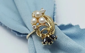 Exquisite 14K Karat Solid Yellow Gold Designer Ladies Ring w/CZ's, Onyx & Pearls - Picture 1 of 12
