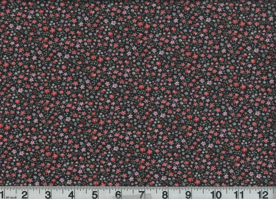 1 Yard Fabric Floral Pink Lavender Flowers on  Black 44" Wide Vintage 1960s 70s - Image 1 of 1