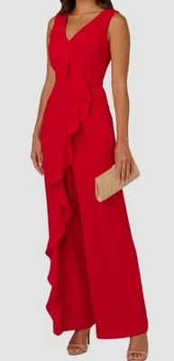 Adrianna Papell Women's Red Ruffle Knit Crepe Jumpsuit Size 6 - Image 1 of 3