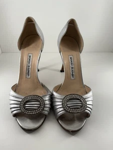 Manolo Blahnik D’Orsay silver Pumps With Rhinestones, 38 US8, 2 3/4 in heel - Picture 1 of 7