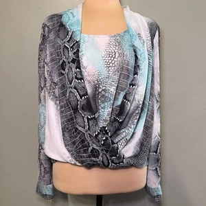 Alfani Snakeskin Long Sleeved Blouse Faux Wrap Top Hi-Low Shirt 8P - Picture 1 of 11
