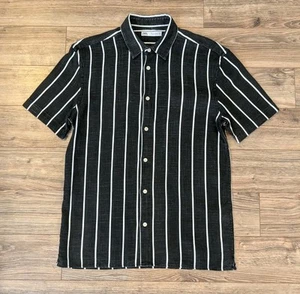 Zara Shirt Mens Linen Cotton Black White Striped SS Button Up - S EUC - Picture 1 of 9