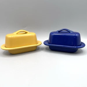 Chantal Half Stick Butter Dish Pair Goldenrod & Cobalt Blue Stoneware Gloss 2013 - Picture 1 of 10