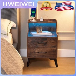 Night Stand Set of 2 with Charger Station, Brown Nightstand Sets with LED Light - Foto 1 di 15