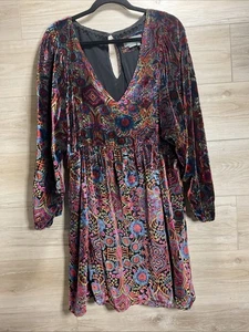 Anthropologie Mona Burnout Samt Mini Boho Kleid V-Ausschnitt Ballonärmel Gr. L - Bild 1 von 13