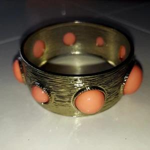 Wide Bracelet Bangle Chunky  Orange Coral Cabochon Gold-Tone Statement Piece - Picture 1 of 4