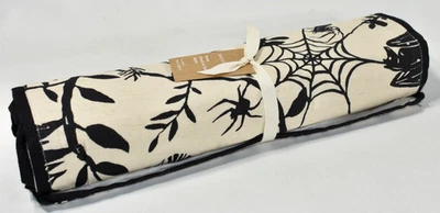 West Elm Spooky Toile Halloween Table Runner 14x90 NEW Black Natural Spider Crow - Image 1 of 4