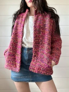 Chicos Y2K Hot Pink Woven Tweed Jacket Size 2 Wool Blend 2000s VTG - Picture 1 of 11