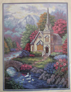 Dimensions "Tranquil Church" needlepoint stamped mesh, 12"x16"