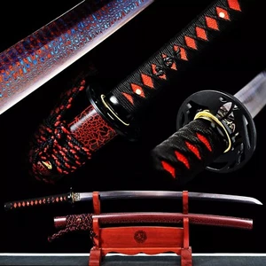 Blutrotes Damaskus gefaltetes Stahl Katana kampfbereit japanisches Samurai scharfes Schwert - Bild 1 von 12