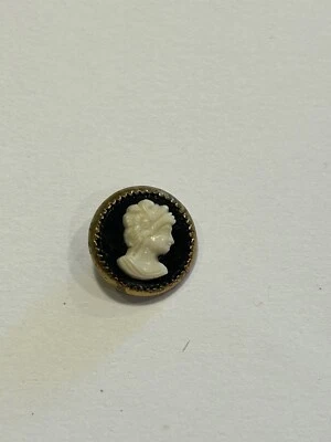 Antique Vintage Metal & Cameo Button 1/2” Black Background, Ivory Cameo . - Image 1 of 3