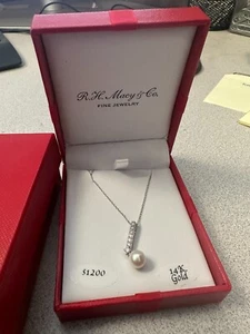 R.H. Macy Co Fine Jewelry 14k Gold Necklace with Pearl and 6 Diamonds - Picture 1 of 6