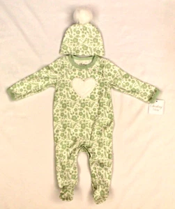 NIÑAS 9 Meses Esterlina Bebé Patas Body y Sombrero "Verde y Blanco Floral/Corazón" - Imagen 1 de 2