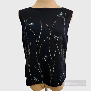 St John Black Jeweled Butterfly Santana Knit Sleeveless Sweater Size 10 USA - Picture 1 of 7