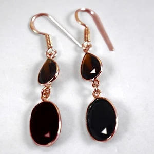 925 Sterling Silver Onyx & Smoky Oval Shape Silver / Gold / Rose Plated Earrings - Picture 1 of 8