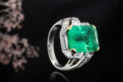 Traum Smaragd Ring Natürlich Emerald Cut mit Diamanten in 750er Weißgold Schmuck - Bild 1 von 4