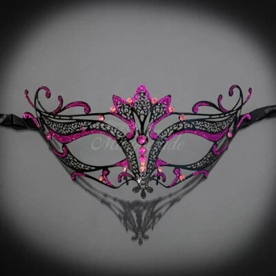 Filigree Metal Masquerade Mask Pink Glitters & Rhinestones Black M33144 - Image 1 of 4