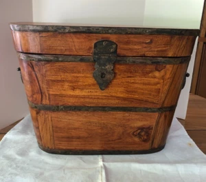 Handmade Wooden Box, Hinged, Metal Clasp & Bands, Iron Handles, - Picture 1 of 7
