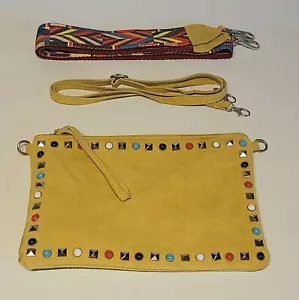 Borse in Pelle Genuine Leather purse with rhinestones Yellow Suede Made in Italy - Picture 1 of 13