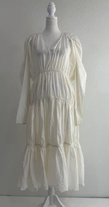 Vestido Merlette Algodón Ofelia en Niveles Crema Manga Larga Midi Talla S Acanalado Manchado - Imagen 1 de 13
