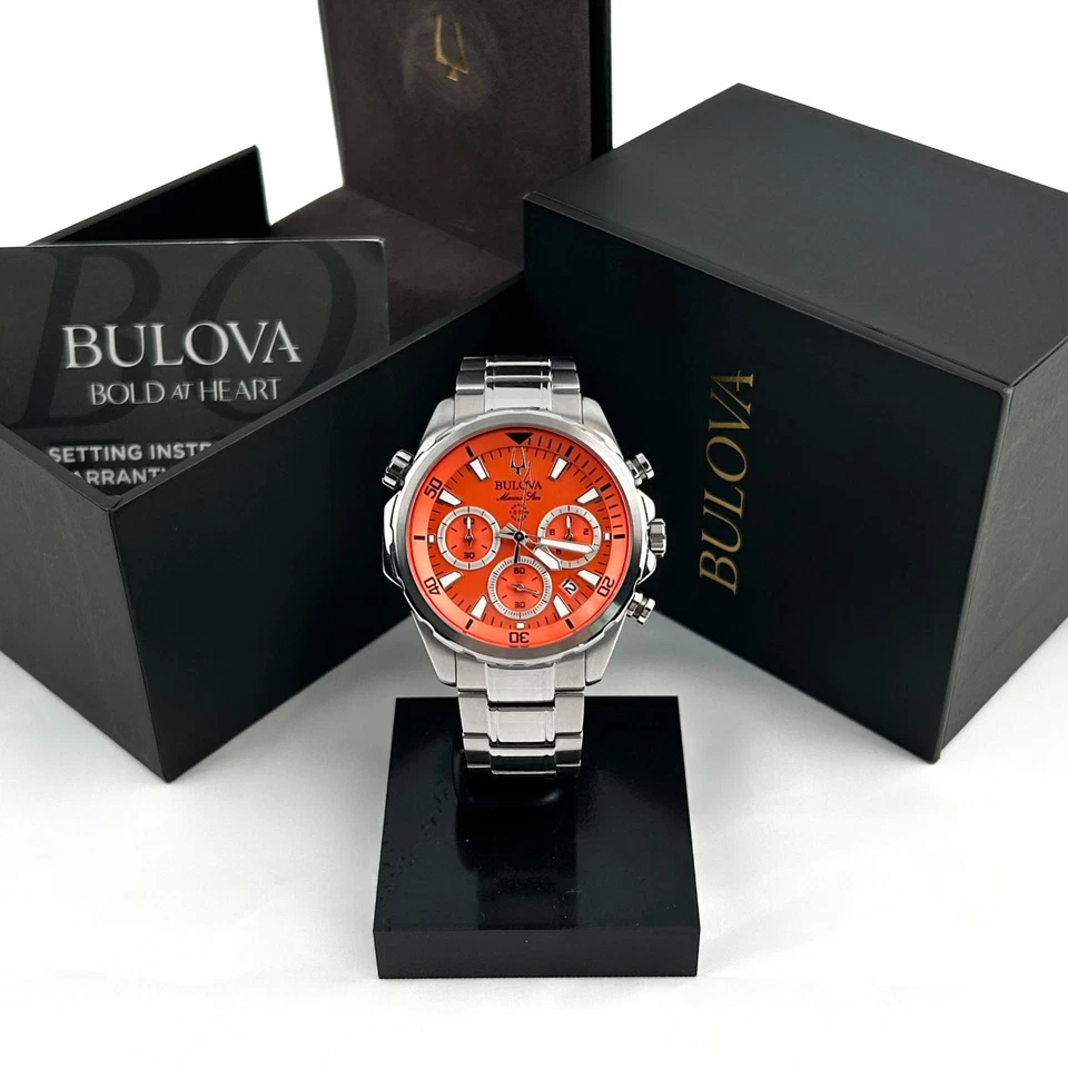 Bulova Marine Star Series B 44mm Orange Dial Silver-Tone Stainless Steel Strap Watch for Men (96B395)