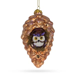 Wise Owl Nestled in Pine Cone Blown Glass Christmas Ornament - Picture 1 of 5