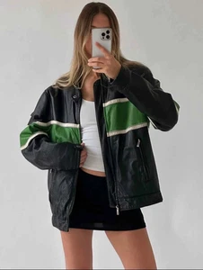 Women Vintage Ultra Oversized Leather Moto Racer Jacket Green & White Striping - Picture 1 of 6