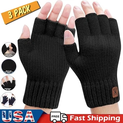 3 Pairs Winter Alpaca Wool Fingerless Gloves Men's Knitted Half Finger Mitten - Image 1 of 4
