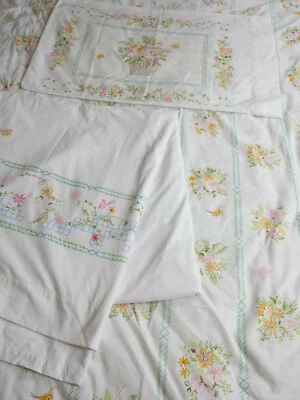Lady Pepperell Dbl Sheet Set Basket Floral Butterfly Cottage Chic 50/50 Cutter - Image 1 of 4