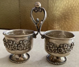 Antique Sterling Silver Judaica Repousse Roses Double Wedding Open Salts Cellar - Picture 1 of 14