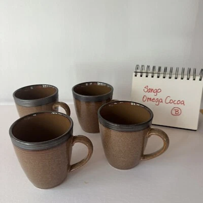 Juego de 4 tazas de café Sango Omega Cocoa 4661 taza de té marrón acanalada borde gris Foto 1 de 4