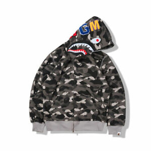 Men Shark Head Sweater Full Zip Camouflage Hoodie Jacket Coat