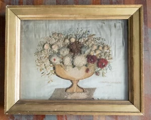 Antique American Folk Art Silk Textile Floral Bouquet in an Urn 1843 Americana - Picture 1 of 14