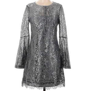 WHITE HOUSE BLACK MARKET Silver Metallic Lace, Lined, Bell Sleeve Dress Size 4P - Picture 1 of 6