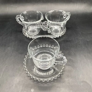 Imperial Glass Candlewick Set Tea Cup, Saucer, Sugar Bowl, Creamer & Tray Beaded - Picture 1 of 24