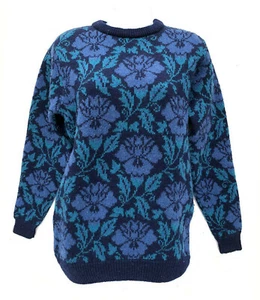 Laura Ashley vintage Scotland100% wool blue floral crewneck pullover sweater S/M - Picture 1 of 5