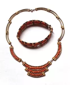 Antique Victorian Elephant hair Red Coral Rolled Gold Set Necklace & Bracelet - Picture 1 of 10
