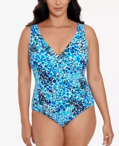 Swim Solutions Women's Blue Side-Shirred Tummy-Control One-Piece Swimsuit 12 New - Picture 1 of 3